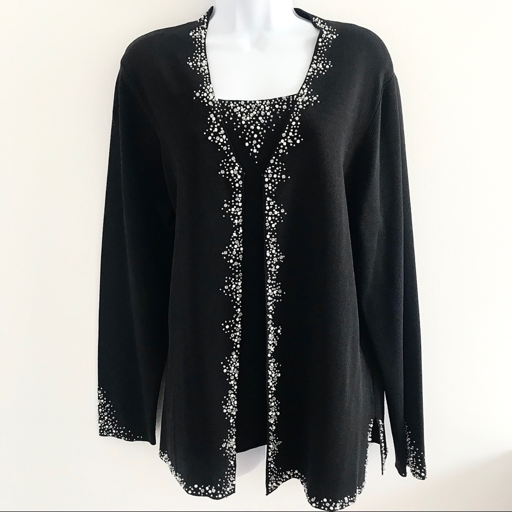 Laura Plus Black & Crystal Long Sleeve Winter Cardigan Set - matching camisole